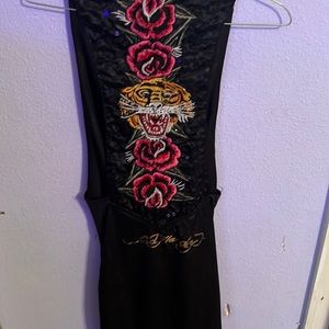 Ed Hardy black and gold slip dress with tiger print on the back.